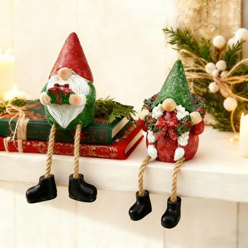 LFLKPY Christmas Gnome Santa Dangling Legs Set of 2 – Scandinavian Tomte Elf Figurines with Red Hat & Green Hat, Holiday Shelf Sitter Ornaments for Fireplace Mantel, Tabletop, Xmas Decor Gift