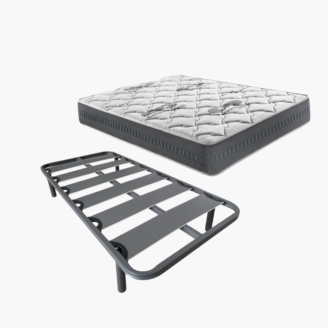 elalmacendelcolchon - Cama Completa con Colchón Visco Carbono + Somier Láminas + Almohada, Incluye Juego de Patas Roscadas (90 x 190 cm)
