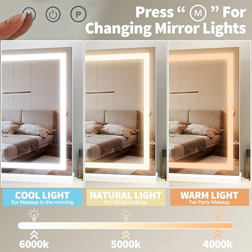 FENNIO 23" x 18" Vanity Mirror with Lights,LED Makeup Mirror,Hollywood Mirror with 3 Color Modes & Adjustable Brightness,Vanity Mirror Square White