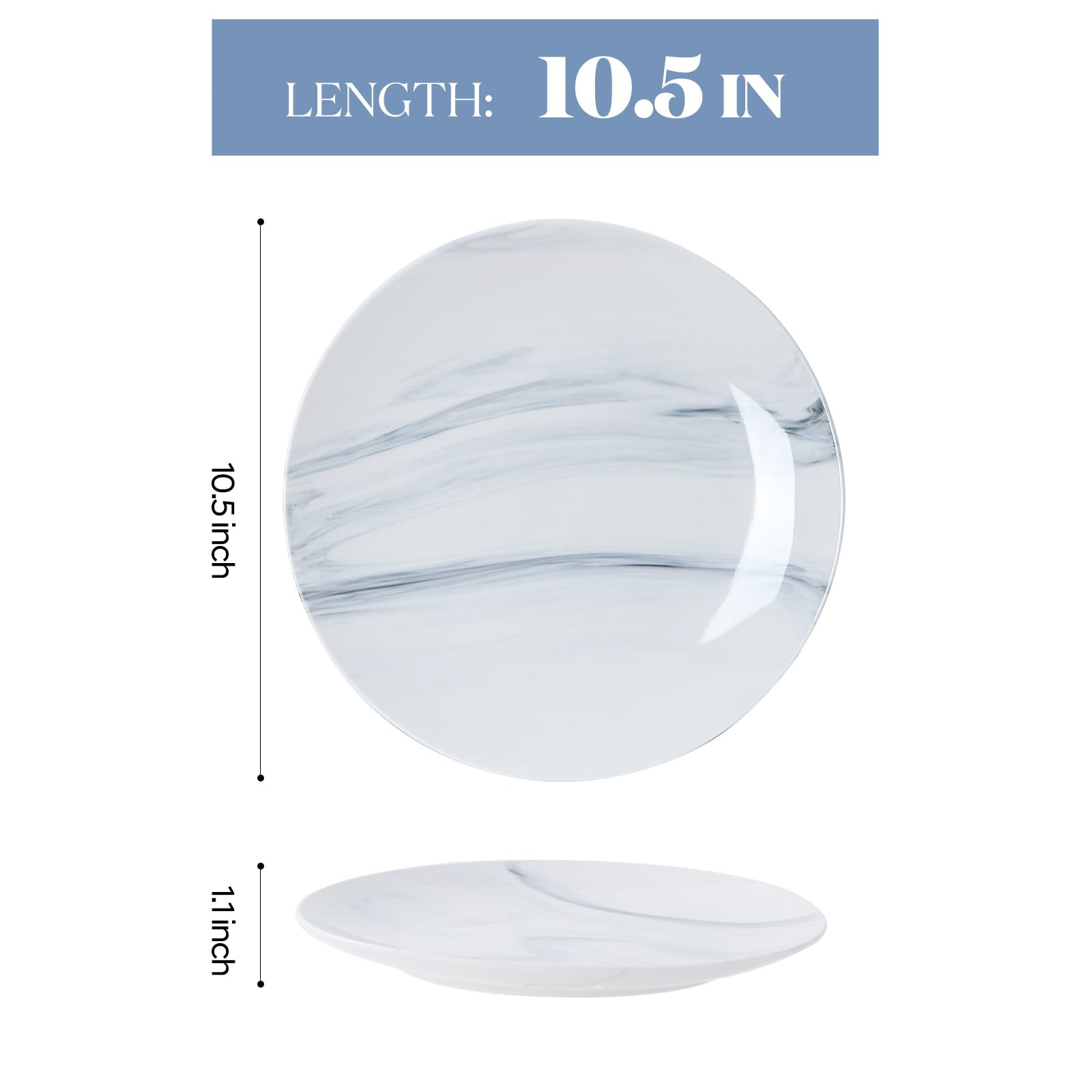 bestone Dinner Plates, 10.5 Inch Plates Set of 6, Porcelain Round Dessert Salad Dinner Plates, Serving Dishes for Kitchen, Dishwasher, Microwave, Freezer, Oven Safe, Marble Blue
