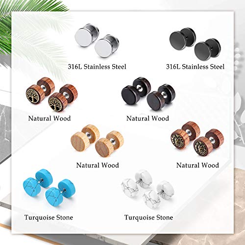 JOVIVI 8 Pairs 18G/16G Wood Faux Gauges Earrings For Men Women Punk Stainless Steel Turquoise Barbell Stud Earrings Fake Flesh Ear Tunnels Expander Plugs 00G Gauge Look4