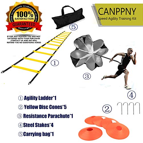CANPPNY Speed Agility Training Kit—Includes Agility Ladder with Carrying Bag, 5 Disc Cones