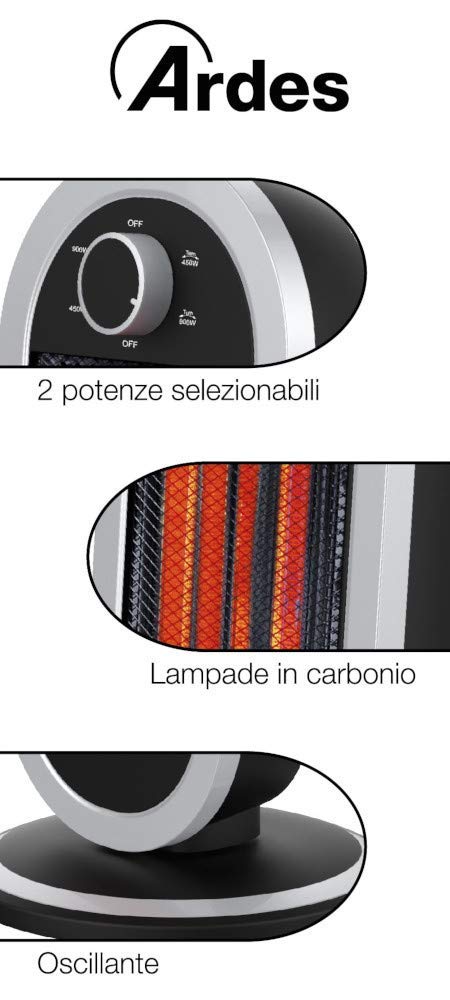 Ardes Ar4B01 Stufa Carbonio Oscillante Tizzo 900W, Stufa Carbonio, Argento Nero | copertura 30 m³, termoventilatore a basso consumo per uso domestico