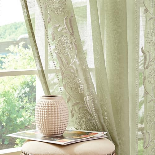 Image of jinchan Winslow Sage Sheer Curtains 84 Inch for Bedroom Living Room Embroidered Bordered Floral Nursery Curtains for Playroom Dorm Light Filtering, Ivory on Sage, 2 Panels, 50W x 84L