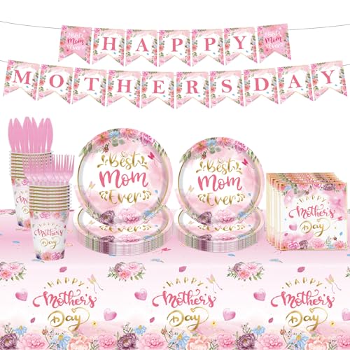 98PCS Happy Mother's Day Party Supplies Mothers Day Tableware Set Best Mom Ever Paper Plates Napkins Forks Knives Tablecloth Banner Mothers Day Party Decorations Disposable Dinnerware for 16 Guests