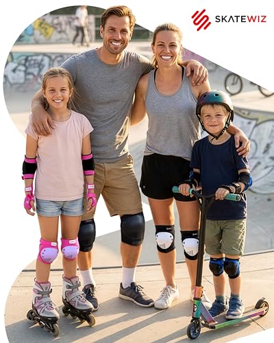 Image of SKATEWIZ Kids Knee Pads and Elbow Pads Set - Wrist Guards for Skateboarding - Smash - Size S Black White - Skating Protective Gear, Roller Skates, Skateboard - Ice Skating Kids