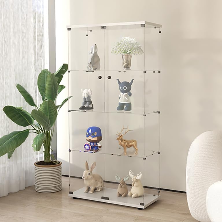 Frameless Glass Display Cabinet, Curio Cabinet Display Case with Lock and 2 Doors, Quick-Install Floor Standing Large Showcase Display Shelf for Collectibles, Legos, Figures, Plants