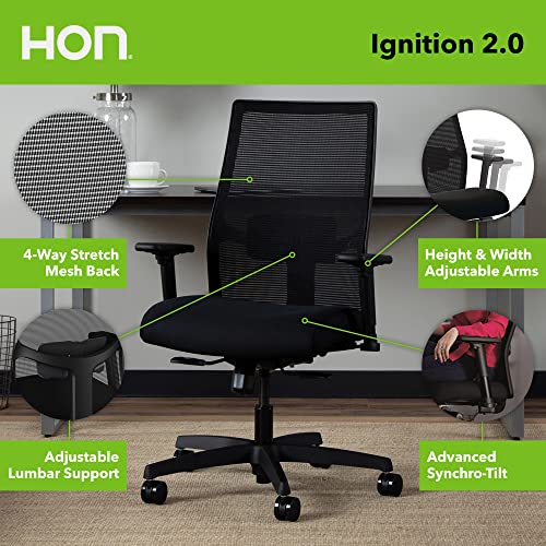 Image of Bundle of HON Office Desk Chair Ignition 2.0 - Ergonomic Desk Chair, Home Office Chairs, Adjustable Lumbar & Armrests, Black + Carpet Chair Mat (36 inch x 48 inch)