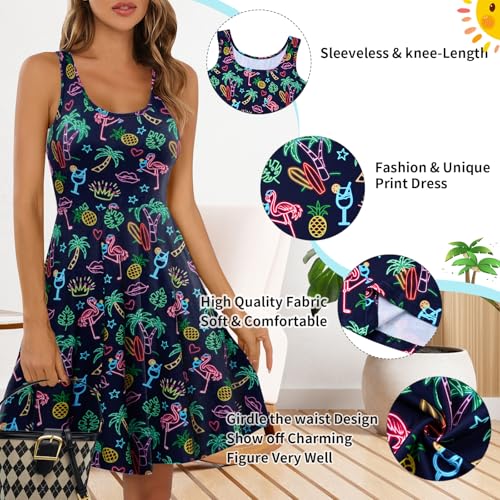 Image of uideazone Women Funny Print Sleeveless U Neck A Line Casual Midi Dress | Soft Stretchy Breathable Fabric Flared Swing Sundress Fitted Waist for Daily Wear 80 /90s Themed Party Beach Vacation Trips