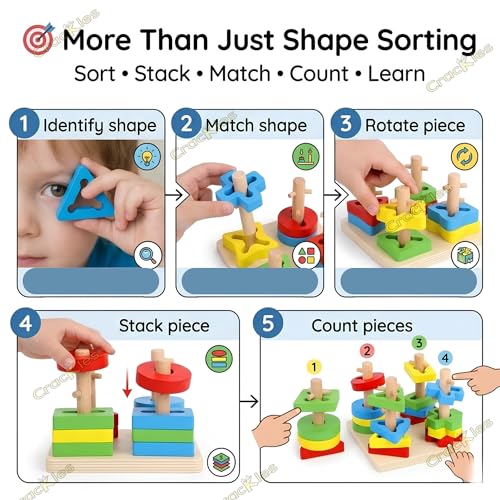 Image of Crackles Wooden Geometric Shape Sorter Stacking Toy for Kids | Montessori Educational Learning Toy with 16 Pieces | Color & Shape Recognition Puzzle | Twisting Learning Blocks Wooden Toy for Toddlers