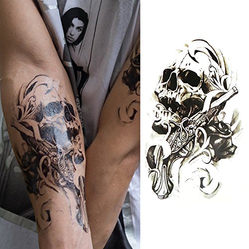 Oottati Skull Gun Rose Black Holographic Sketch Temporary Tattoo (2 Sheets)