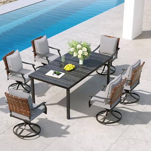 Image of Grand patio 7-Piece Outdoor Dining Set, 6 Leather-Look Wicker Swivel Patio Chairs & 1 Straight Legs Rectangular Dining Table, Black