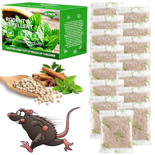 Pest Control Pouches 15 Pack Peppermint Oil for Mice Rodent Rats Squirrel Pests Repellent Indoor Outdoor Use Rodent Rat Mouse Deterrent Family Pet Safe Ideal for House Garage Warehouse (15 Pack)