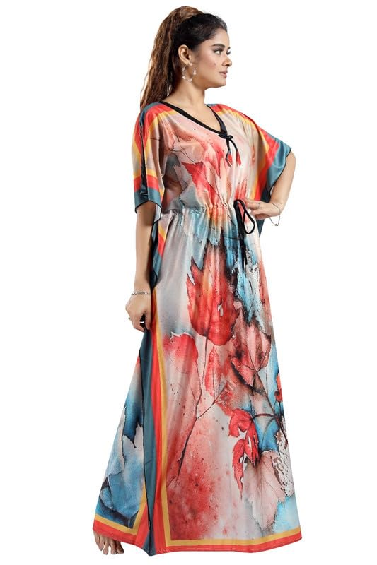 Image of Women's- Kaftan /Nighty /Maxi /Gown /Nightdress /Nightwear Serena Fabric- V-Neck Floral Print