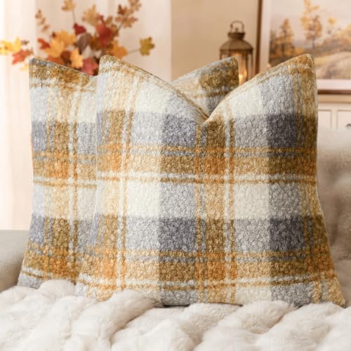 Image of Foindtower Pack of 2 Soft Faux Fur Boucle Throw Decorative Pillow Covers Fuzzy Accent Check Cushion Sherpa Boho Farmhouse Pillowcase for Couch Sofa Bed Living Room Home Decor 20x20 Inch,Amber and Blue