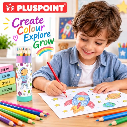 Image of PLUSPOINT Astronaut color pencil set for kids 24 colors Shades Soft Wax Pencils 3 MM Colouring Pencil, Artist Sketching Colour Pencils Drawing Color for Art & Craft Work