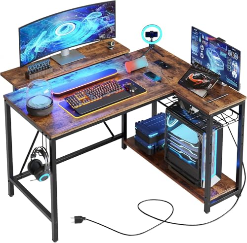 Bestier Gaming Desk with Power Outlets, 42" L-Shaped Gaming Desk with LED Lights, Desk with Reversible Storage Shelves & Hooks for Small Spaces, Bedrooms & Offices,Rustic Brown