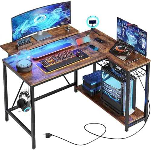 Bestier Gaming Desk with Power Outlets, 42" L-Shaped Gaming Desk with LED Lights, Desk with Reversible Storage Shelves & Hooks for Small Spaces, Bedrooms & Offices,Rustic Brown 42 Inch Rusti