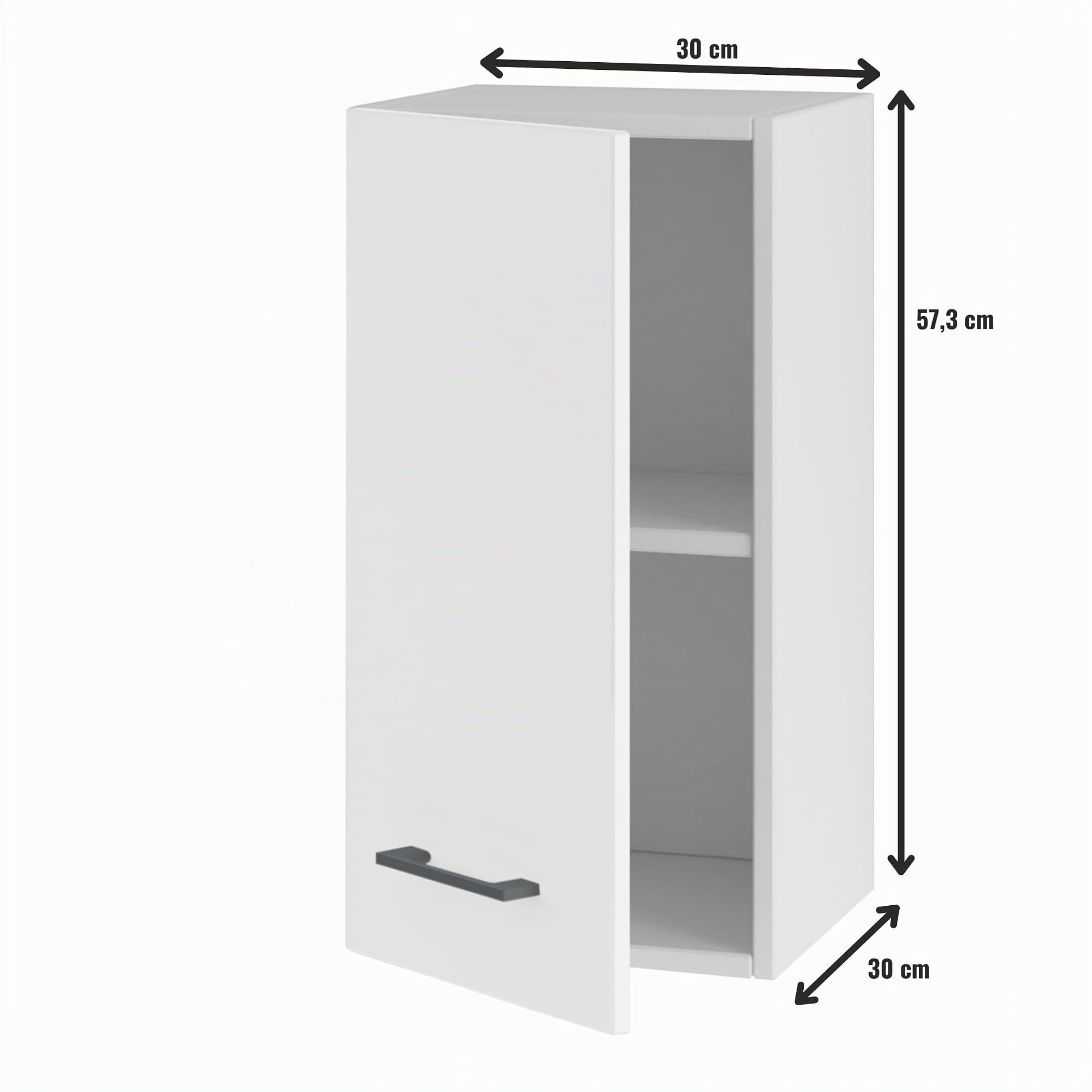 Hängeschrank Küchenschrank 30 cm mit Türen - schmaler Oberschrank für die Küche - einfach zu montieren - ideal für kleine Küchen - stabile Möbel (Weiß Matt)