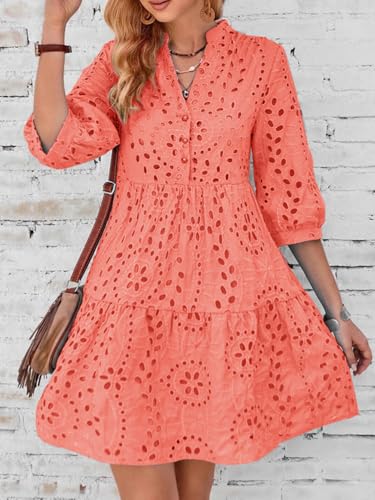 utcoco Women's 2025 Eyelet Lace Midi Dress V Neck Puff 3/4 Sleeve Button Tiered Sexy A Line Sun Dress4