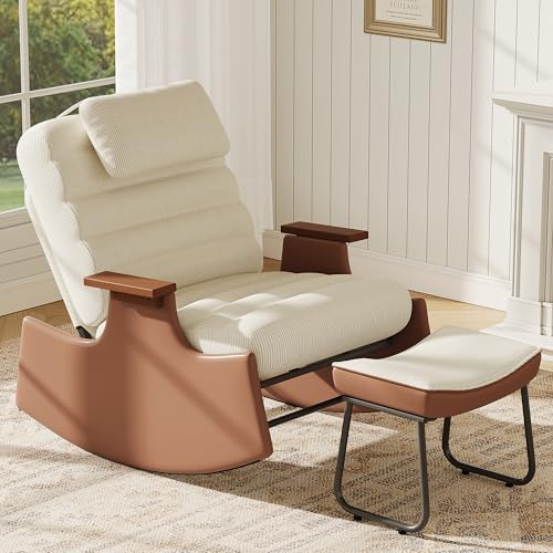 CDQL Mecedora de 51,5 x 81,5 x 81 cm con reposapiés, sillón relax para salón, respaldo ajustable en 3 posiciones, sillón de lactancia y lectura, mecedora interior, tela de pana, beige