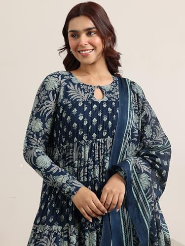 Image of Libas Printed Cotton A-Line Kurta With Churidar and Dupatta