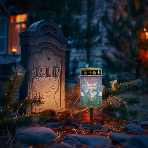 Image of Solar Lighted Cross Pigeon Lily Print Waterproof Solar Grave Outdoor Lights for Cemetery Landscape Path Flamesless Candle Garden Stake Light for Outdoor Yard Patio