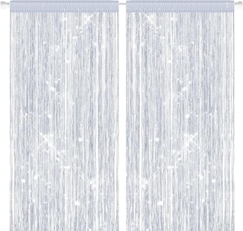 2PCS Beaded Door Curtain 100 x 200cm Door Fly Screen Curtain Fly Screens for Doors Bead Curtains for Doorway Glitter String Tassel Curtains Fringe Panel Tassel Door Beads Curtains to Stop Flies Silver
