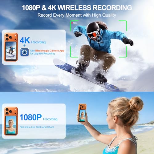 Image of 4 inch Back Camera Monitor iPhone 17, Magnetic Vlog Selfie Monitor Screen for iPhone 17,1080P Wireless Mirroring Back Camera Selfie Monitor for Vlog YouTube TikTok,Snaplylens for iPhone,Android, Black