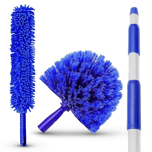 Ceiling-Fan-Duster-Cobweb-Duster-Extendable-Reach-20-feet-3-Stage-Aluminum-Telescoping-Pole-Extends-for-High-Ceiling-Duster-Long-Handle-Plus-2-Duster-Heads Ceiling Fan Duster Cobweb Duster, Extendable Reach 20 feet, | 3-Stage Aluminum Telescoping Pole | Extends for High Ceiling Duster | Long Handle Plus 2 Duster Heads - Image 1