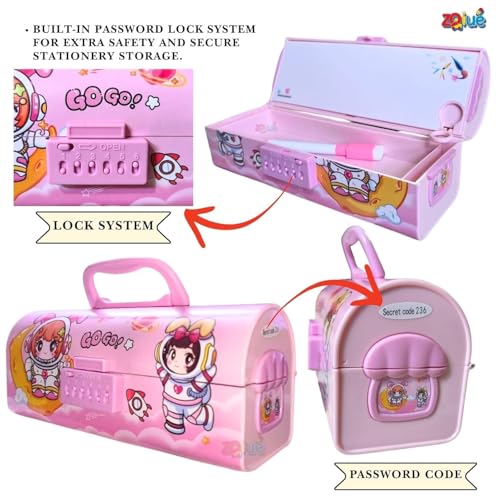 Image of WORSHIPER Cartoon Theme Pencil Box for Kids | Suitcase Style Password Lock Stationery Organizer | Multi-Layer Pen & Pencil Case for Boys & Girls (NEW GOGO Pink Box)
