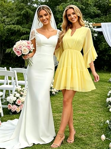 Image of Womens Spring Summer Mini Dress Western Ruffled Sleeve Chiffon V Neck Flowy A Line Short Wedding Guest Party Dresses