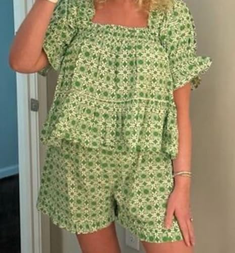 Image of ROAONOCOMO Women Floral Pajama Set Ruffle Puff Sleeve Peplum Shirt Coquette Pj Set Bow Babydoll 2 Piece Shorts Outfit