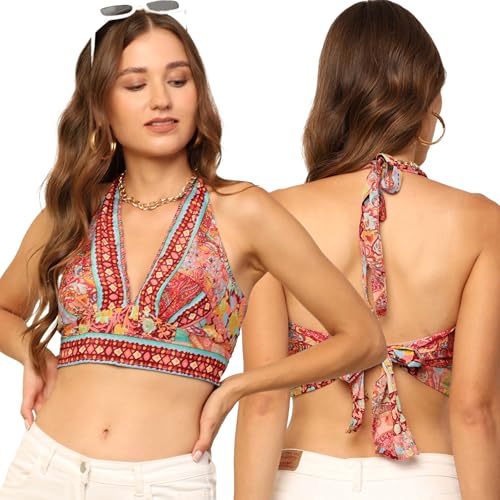 Image of KE KANHA EXPORTS Halter Top|Backless Tops|Halter Neck Top for Women|Beach Tops for Women|Boho Beach Border Print V Neck|Multicolor|Easily fits S-M-L|Bust 30-36 in Length 18 in