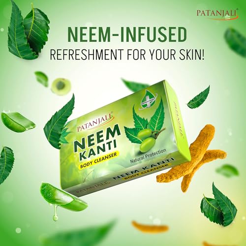 Image of Patanjali Neem Kanti Herbal Body Cleanser Soap for Men and Women (150g, Pack of 8), Moisturizing & Deep Cleansing, Natural Neem Soap for Dry Skin