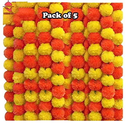 Hemito Artificial Marigold Flowers for Decoration Long Marigold Garlands for Decoration Toran Indian genda phool for Wedding & Festivals Diwali (Light Orange/Set of 5 Mala) (Multi)