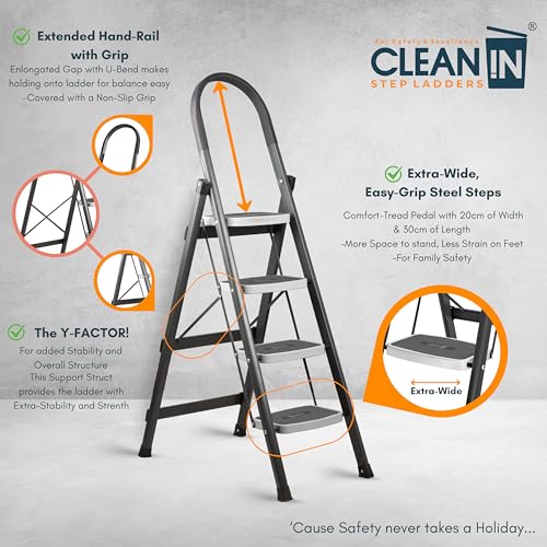 Image of CLEAN IN 4 Step Premium Foldable Household Steel Ladder ~ for Home, Garage, Kitchen. Wide & Anti-Skid Steps, 150 kg Load Capacity, Reinforced Hinges ~ (Shades of Grey)