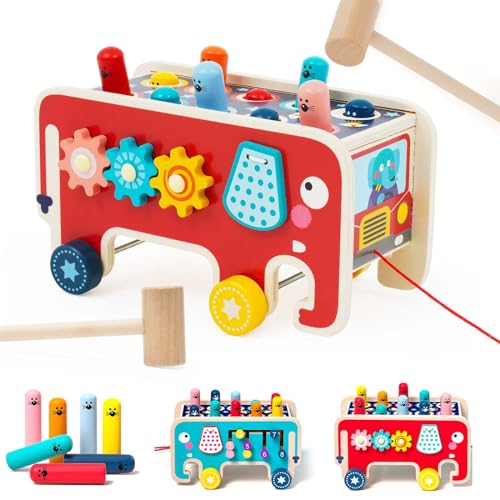 NUKied Montessori Marteau en Bois Jouet,Jouet éducatif en Bois pour Marteler,Frapper et Tirer,Xylophone,Cadeau pour Les Garçons et Filles de 1 2 3 4 Ans.