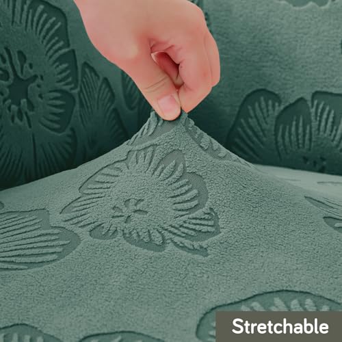 Image of HOKIPO 'Floravelle' 200gsm Knitting Jacquard Elastic 1 Seater Sofa Cover with Frill, Basil Green (AR-6029-GRN)