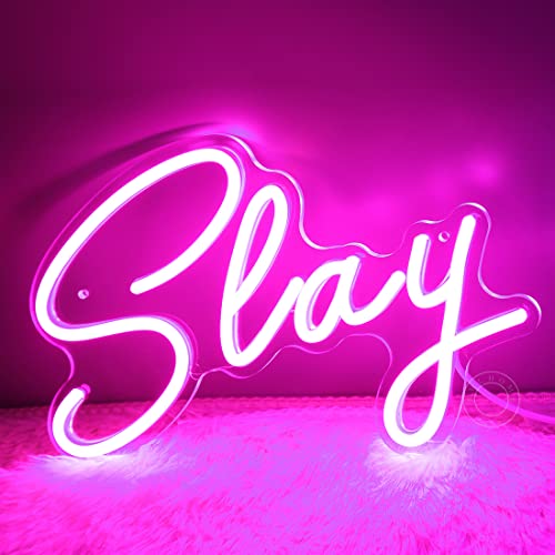 Image of SYLHOME Pink Slay LED Neon Light Sign Bar Man Cave Game Room Wall Decor USB | Cool Boys Girls Bedroom Game Room Wall Decor Neon Light Sign Club Pub Bar Game Center Birthday Decor, Night Light, 11.8 inchX8 inch
