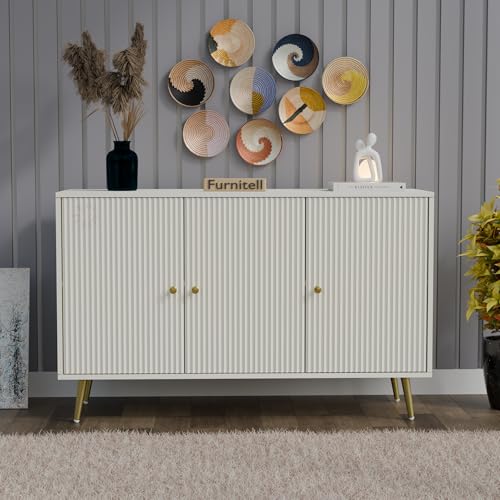 Image of Wooden Storage Cabinet for Living Room & Bedroom | Fluted Design Sideboard with 3 Doors | Multipurpose Organizer for Entryway | HDMR Premium Wood | Gold Metal Legs | White