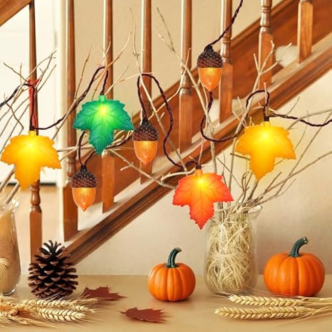 Couah Fall Decor String Lights, 8.5 FT 3D Maple Leaf & Acorn Lights with 10 LED Plug in Fall String Lights for Indoor and Outdoor Home Bedroom Autumn Party Harvest Fall Decorations