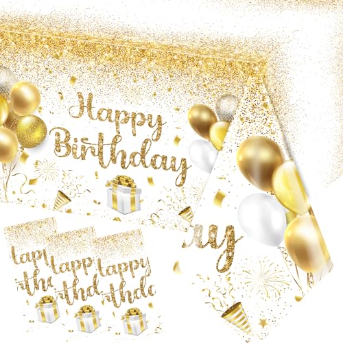 Image of Happy Birthday Tablecloths - Gold & White Party Decorations, 3pcs Disposable Table Covers for Indoor /Outdoor Birthdays
