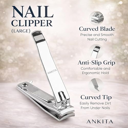 Image of ANKITA Large Nail Clipper for Men & Women | Stainless Steel Nail Trimmer for Fingernails & Toenails | Durable Nail Cutter with Anti-Slip Grip Nail Clipper with Curved Sharp Blades, Built-in Nail File, strong and sturdy. (NC1) THICKNESS 1.8 MM.