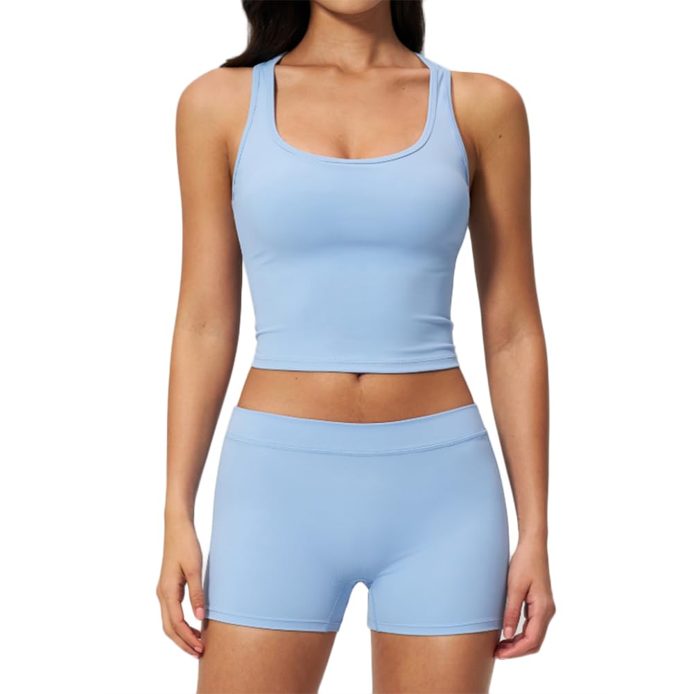 JPXJGT Women 2PCS Workout Set Square Neck Tank Top + Biker Shorts Seamless Quick Dry Yoga Gym Outfit(Size:L,Color:Blue)