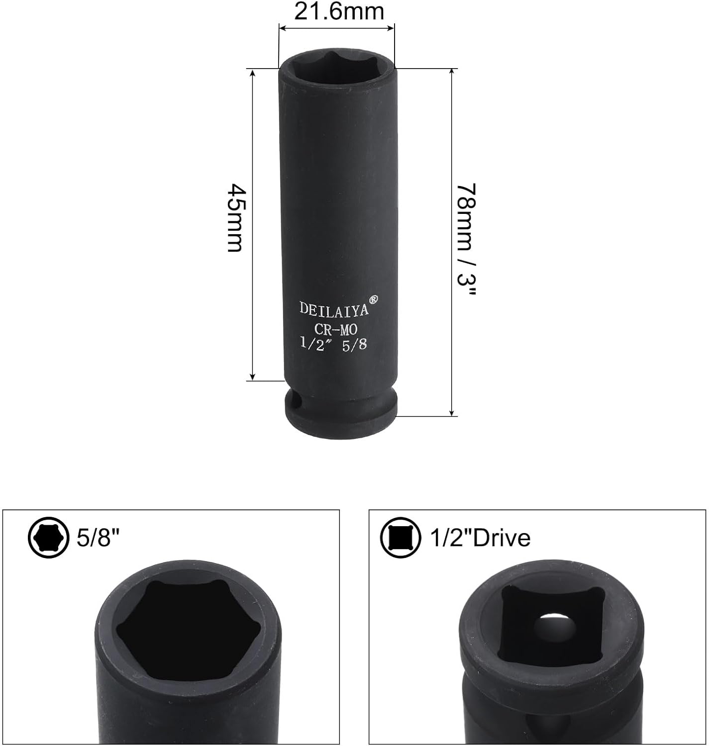 uxcell 5/8 Inch SAE Deep Impact Socket 1/2 Inch Drive 6 Point Design CR-MO Steel Nut Impact Grade Socket for Auto Repair