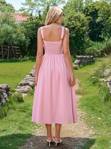 Image of KUTUMAI Floral Corset Midi Dress Flowy Slit Summer Spring Wedding Guest Dresses for Women Sundress with Pockets