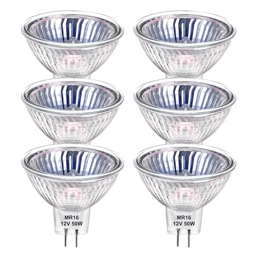 Bombilla Halogena MR16 12V 50W, MR16 Halógena Reflectora Regulable,GU5.3 Bi pin Base Spotlight,540 600LM Blanco cálido 2800K,Para lámparas de vía, bombillas de campana extractora,un paquete de 6.