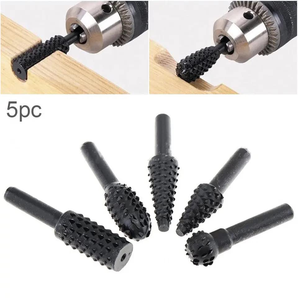 RetLeen 5 Pieces Rotary Grinding File/Wood Carving Rotary Craft Files/Rotary Rasp File for Wood Working Hand Tool/Rotary Burr Drill Bit for Wood Carving (Shank Size- 1/4", 6mm) 1