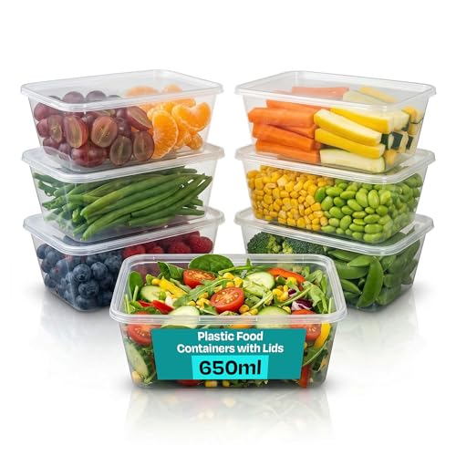 We Can Source It Ltd 50 x 650ml Plastic Microwave & Freezer Safe Food Containers with Lids - BPA-Free Reusable Takeaway Meal Prep Containers - Catering Grade Food Storage Boxes for Home & Business